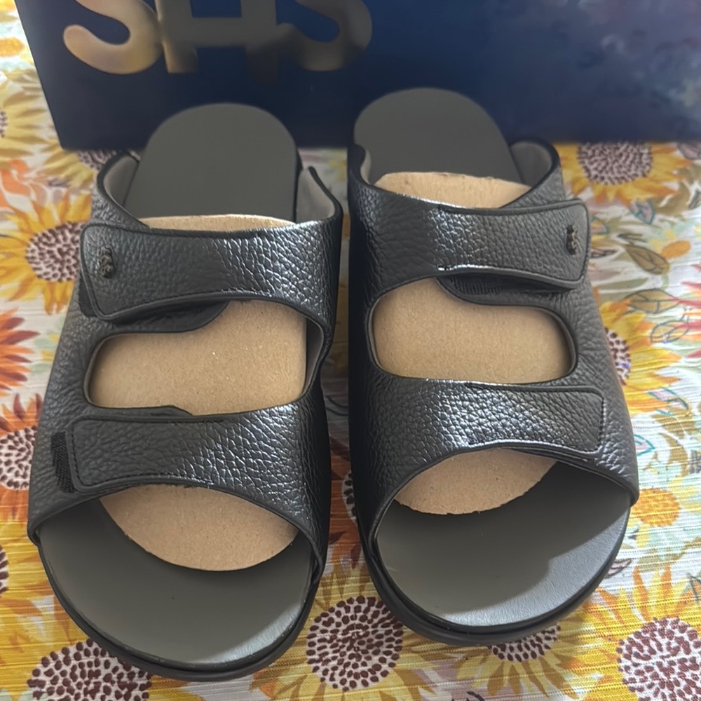 Black Leather Slide Sandals